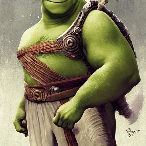 Image similar to shrek as an ancient mythological warrior deity, epic fantasy illustration, portrait, by greg rutkowski