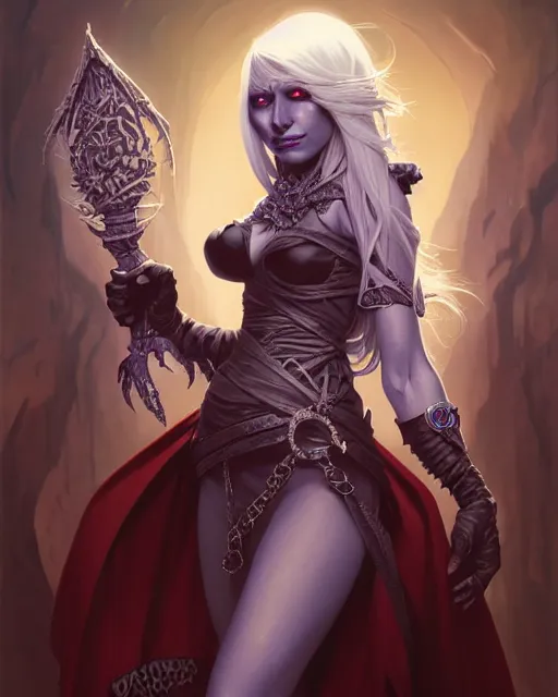 Image similar to portrait of a female drow necromancer, hd, illustration, epic, d & d, fantasy, intricate, elegant, highly detailed, digital painting, artstation, concept art, smooth, sharp focus, illustration, art by artgerm and greg rutkowski and alphonse mucha, monster hunter illustrations art book