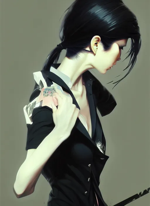 Image similar to ultradetailed beautiful panting of a stylish goth woman wearing a shirt with a tie, dramatic, she has black hair, distressed, by greg rutkowski, james jean, makoto shinkai, ilya kuvshinov, on artstation