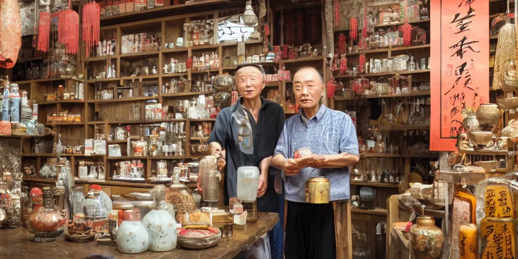 Image similar to ancient chinese traditional medicine shop with an old chinese man holding a jar, photography