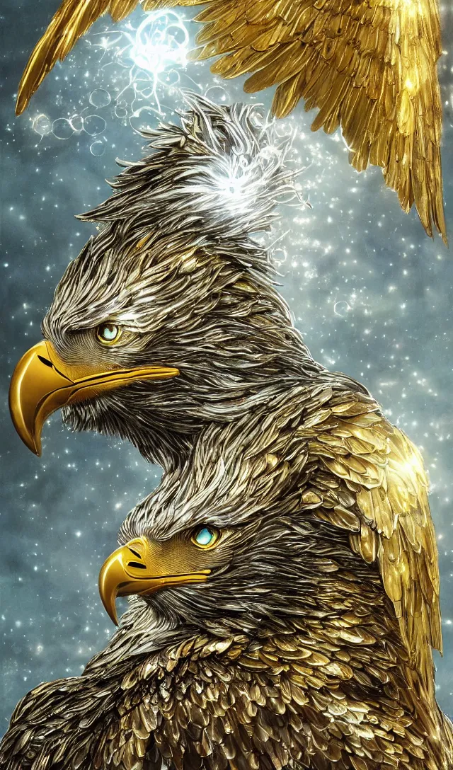 Prompt: best book cover design, glowing silver and golden elements, full close-up portrait of realistic eagle with sapphires, book cover, emerald gem forest, white diamond moon, establishing shot, extremely high detail, photo-realistic, cinematic lighting, by Yoshitaka Amano, Ruan Jia, Kentaro Miura, Artgerm, post processed, concept art, artstation, matte painting, style by eddie mendoza, raphael lacoste, alex ross