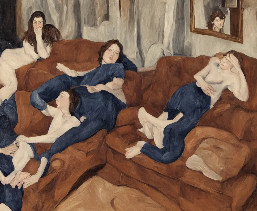 Image similar to two women, in an old english apartment on a brown leather sofa. one is wearing a dark blue sweather, the other a white shirt. brown hair, they are looking into the camera. wide shot. in the style of lucien freud. oil painting.