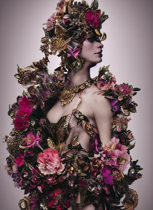 Image similar to full body environmental portrait photo of a female model, ornate headpiece made from flowers, ornaments, glamour shot by gemmy woud - binnendijk, chris knight, photorealistic, canon r 3, fashion photography, ornate, symmetrical features, octane render, unreal engine, solid dark background, clamp shell lighting, rim lighting