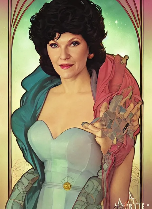 Image similar to a painting of majel barrett as lwaxana troi, space empress. beautiful art by artgerm and greg rutkowski and alphonse mucha