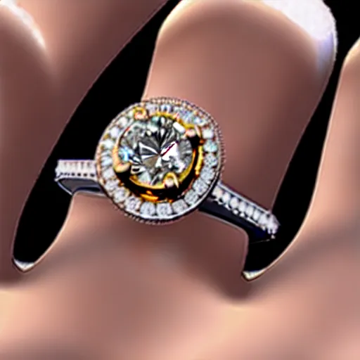 Image similar to engagement ring with two smaller diamonds outside and one bigger diamond in the middle, hyper detailed