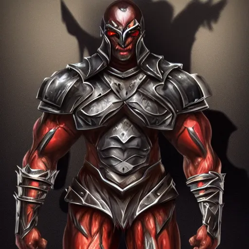 Image similar to a highly detailed character portrait of a muscular man wearing a epic shadow armor with glowing red eyes
