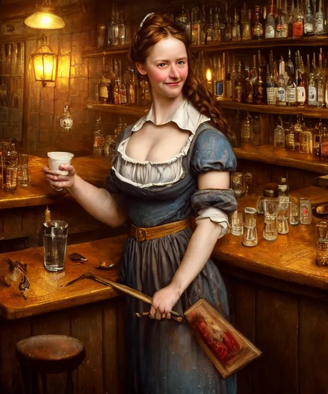 Image similar to hyperrealistic mixed media painting of a beautiful smiling charismatic barmaid, dimly lit cozy tavern, relaxed pose, medieval period, stunning 3d render inspired art by Tim Okamura + perfect facial symmetry + dim volumetric lighting, 8k octane beautifully detailed render, post-processing, extremely hyperdetailed, intricate, epic composition, grim yet sparkling atmosphere, cinematic lighting + masterpiece, trending on artstation, very very detailed, masterpiece, stunning, lifelike, photorealistic, art by John Collier and Albert Aublet and Krenz Cushart and Artem Demura and Alphonse Mucha