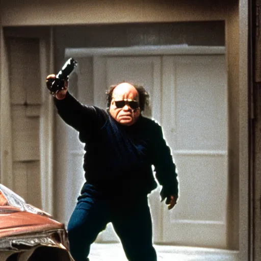 Image similar to Danny DeVito as The Terminator, cinematic, Eastman 5384 film