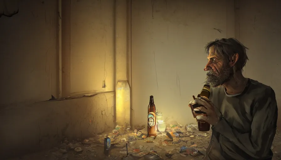 Image similar to homeless guy drink beer bottle in an abandoned dirty dusty hotel, cracked wall, rotten room, flashlight, hyperdetailed, artstation, cgsociety, 8 k