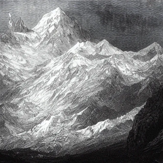 Prompt: an engraving of mont blanc in the alps by gustave dore, foggy, depth, strong shadows, stormclouds, illuminated focal point, highly detailed