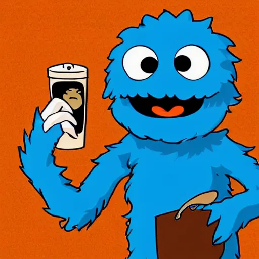 Image similar to cookie monster holding a light samer, anime style.