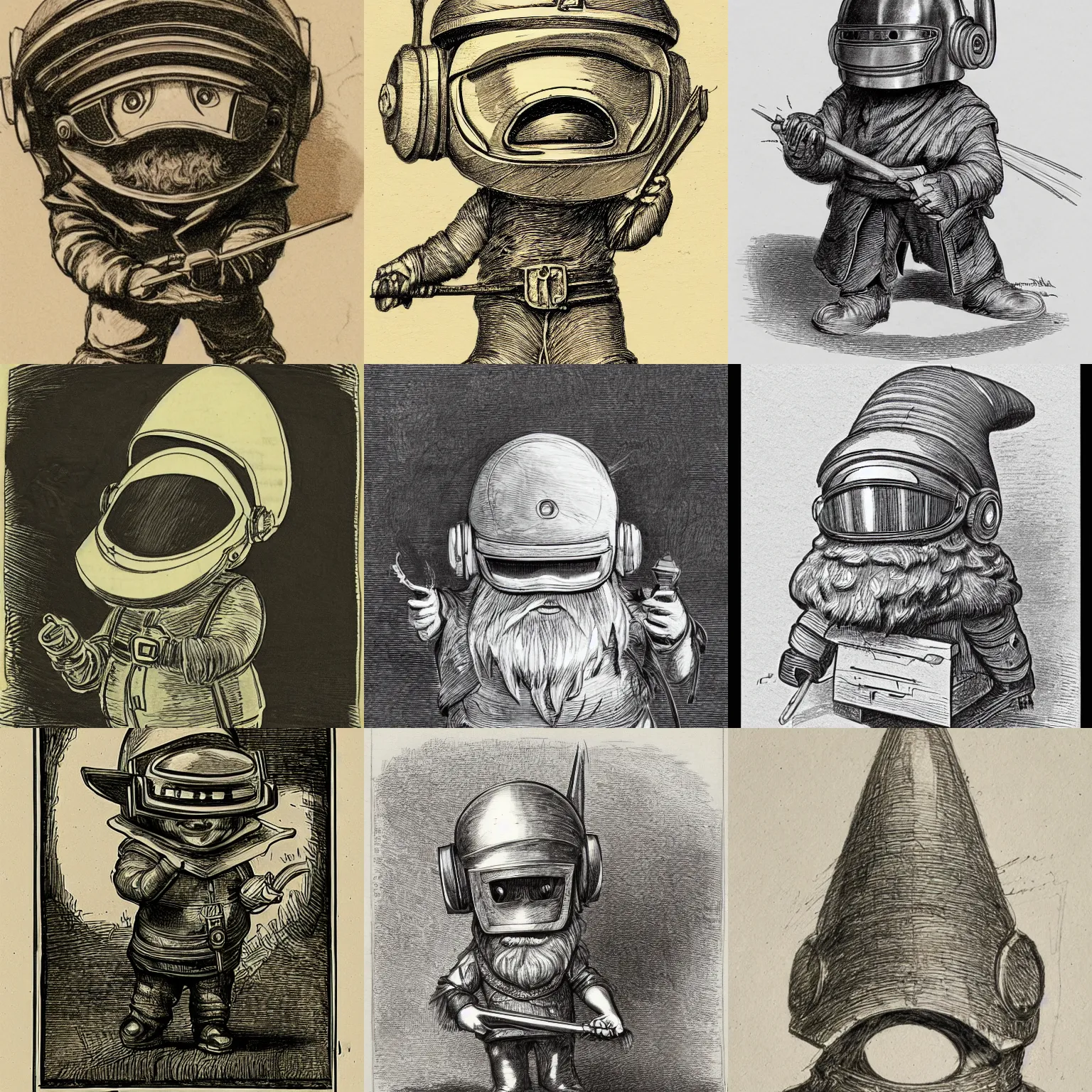Prompt: sketch of a cute funny chibi dnd gnome wearing a daft punk helmet, forger, woodworker, mechanic, inventor, etching by louis le breton, 1 8 6 9, 1 2 0 0 dpi scan