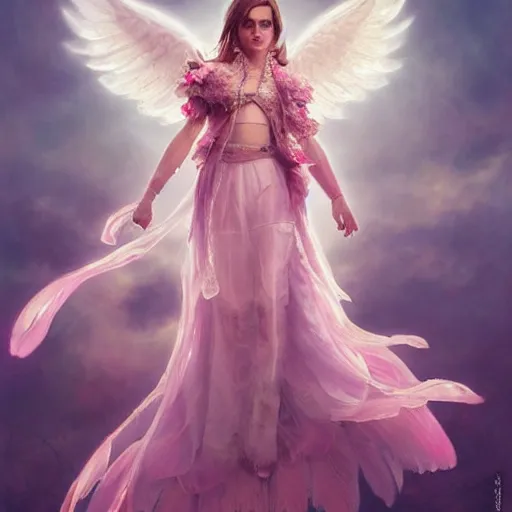 Image similar to emma watson expressive full body photo, of beautiful angel, smooth glowing skin, ornate headpiece made from pink flowers, glamour shot, by yoshitaka amano, by greg rutkowski, by jeremyg lipkinng, by artgerm, digital art, octane render