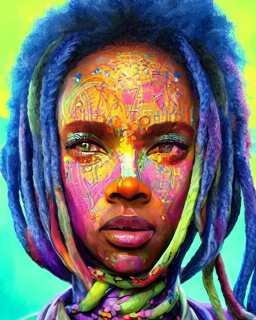 Prompt: colorful character portrait of a black female hippie, set in the future 2 1 5 0 | highly detailed face | very intricate | symmetrical | cinematic lighting | award - winning | painted by mandy jurgens | pan futurism, dystopian, bold colors, cyberpunk, groovy vibe, anime aesthestic | featured on artstation