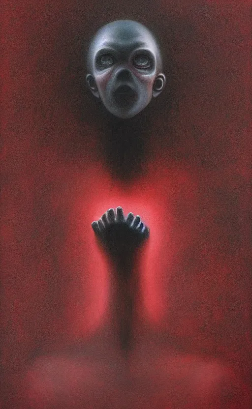 Image similar to black dramatic portrait painting of human with black mandelbrot fractal instead of face, in style of zdzisław beksinski, dark red, horror, body horror, scary,