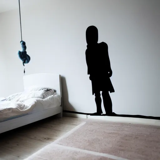 Image similar to silhouette of person at the edge of bed, children's room, eerie