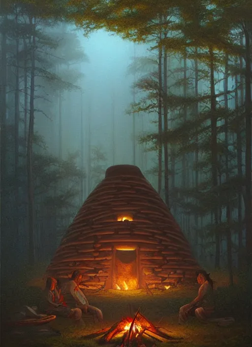 Prompt: a beautiful painting of a round sweat lodge hut in a forest near a campfire, matte painting, art by christophe vacher