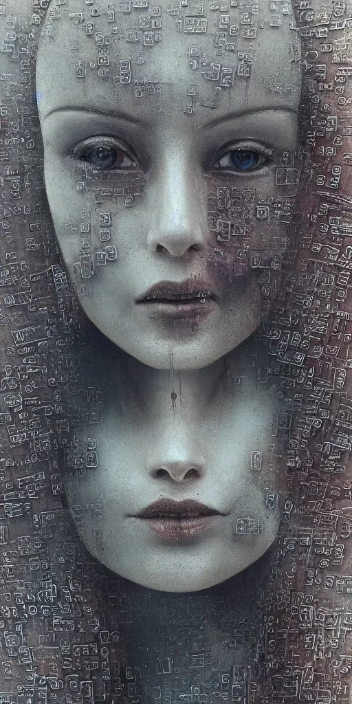 Image similar to a closeup of a businesswoman with computer motherboard parts built inside her head, Beksinski, Dariusz Zawadzki, very coherent symmetrical artwork. cinematic, hyper realism, high detail, octane render, 8k