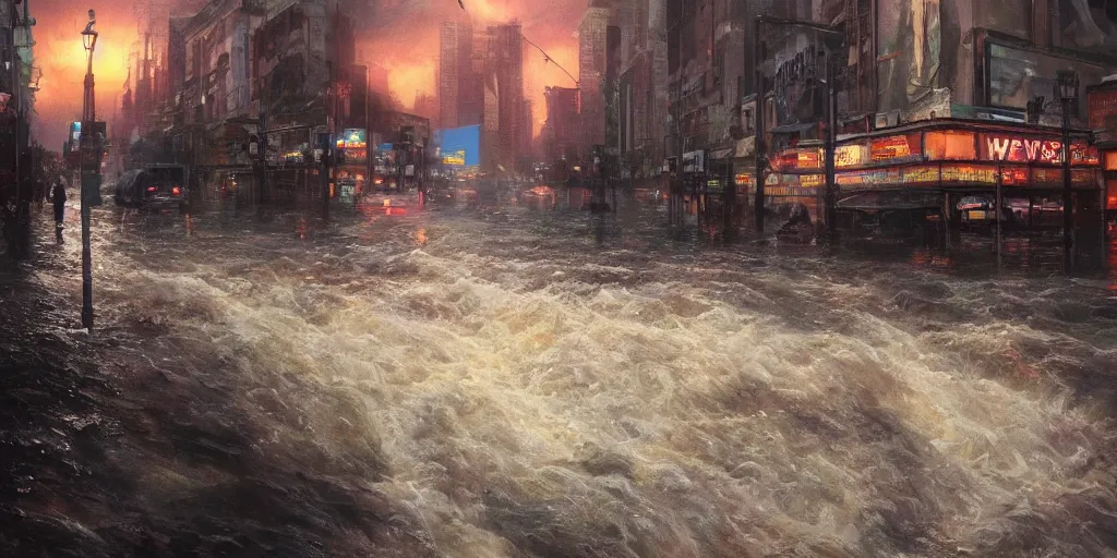 Image similar to hollywood boulevard hit by a biblical flood during a storm, dramatic lighting, beautiful, stunning landscape artwork by artgerm, rutkowski, wlop featured on artstation, cgsociety, behance hd