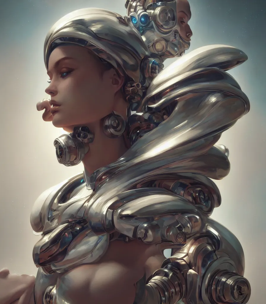 Prompt: a beautiful painting a portrait of cyborg angel, symetrical scene, symetric character, trending in artstation, octane render, 8 k, by peter mohrbacher, zaha hadi