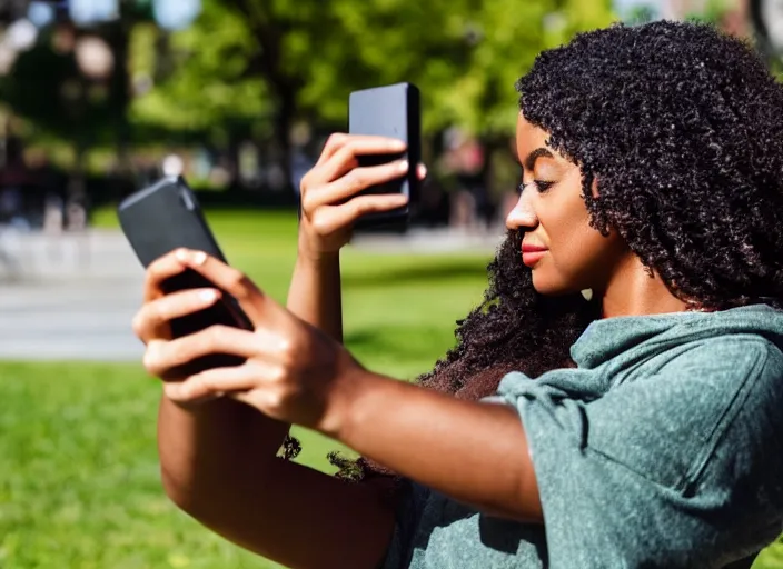 Image similar to photo still of a bronze statue of a woman using an iphone to take a selfie in a park on a bright sunny day, 8 k 8 5 mm f 1 6