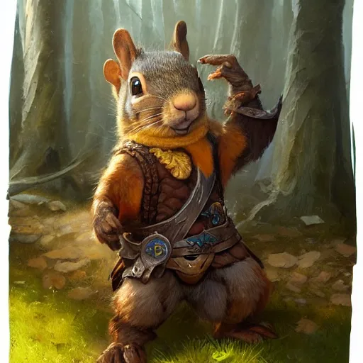 Prompt: squirrel druid dressed with a wooden armor, by justin gerard and greg rutkowski, digital art, realistic painting, dnd, character design, trending on artstation, 4 k