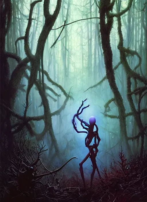 Image similar to hyper realistic spooky alien in the woods in a river gorgeous lighting, lush forest foliage blue sky a hyper realistic painting by chiara bautista and beksinski and norman rockwell and greg rutkowski, tom bagshaw weta studio, and lucasfilm