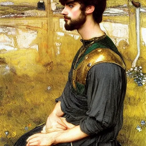 Image similar to painting of handsome beautiful medieval prince in his 2 0 s named shadow wearing a golden crown, elegant, soft facial features, delicate, clear, sharp focus, painting, stylized, art, art by john everett millais, john william waterhouse