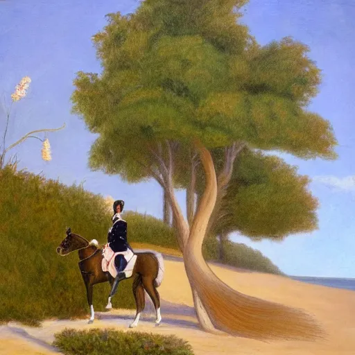 Prompt: napoleon riding a squirrel on the beach with crepe myrtles in the background, oil painting
