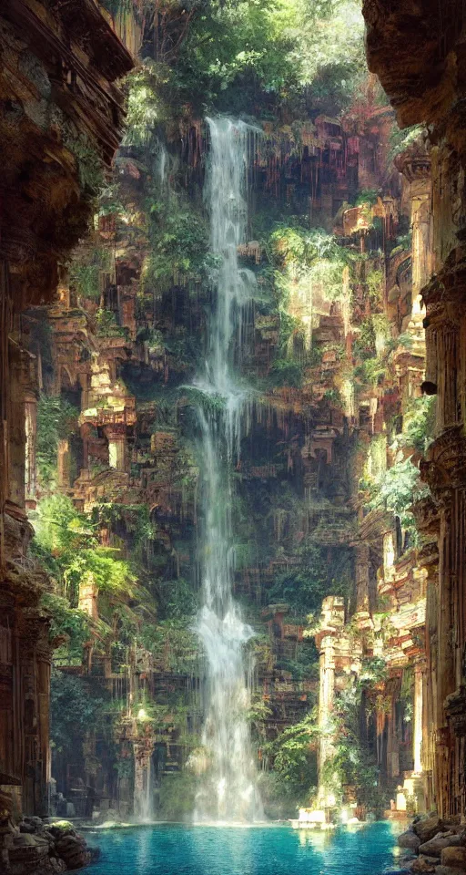 Image similar to ancient temple ruins interior, waterfall, intricate, elegant, vivid colors, highly detailed, john park, craig mullins, sparth, ruan jia, jeffrey catherine jones