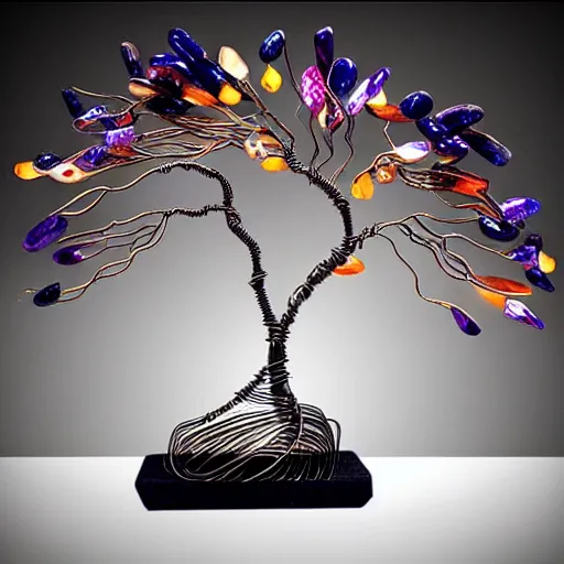 Image similar to intricate wire tree windswept and wing shaped with agate accents, delicate, magnificent design, masterpiece, colorful, surreal, elaborate, dramatic lighting