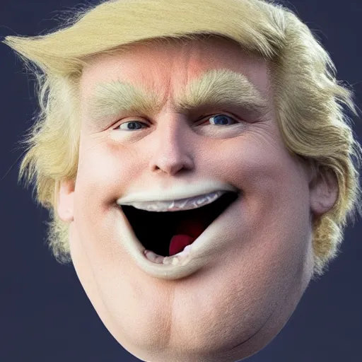 Image similar to fluffy haired donald trump, monster smilling, 3 d.