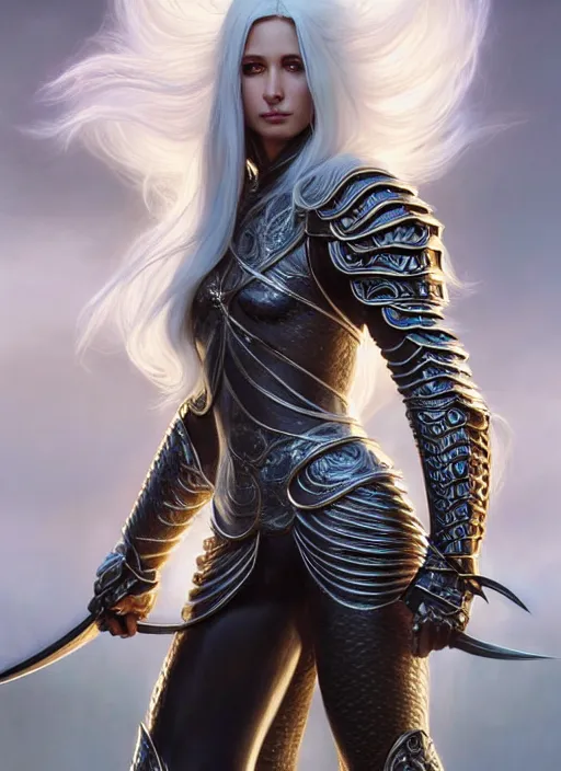 Image similar to opal leather armor!!! long wild white hair!! covered chest!!! fantasy, d & d, intricate ornate details, symmetry, concept art, sharp focus, illustration, art by artgerm! greg rutkowski magali villeneuve wlop! ilya kuvshinov!!, octane render, unreal engine 5, highly rendered!!