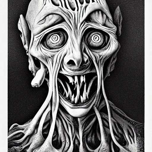 Prompt: a portrait of a creature from the beyond, body horror, by gerard brom and ansel adams