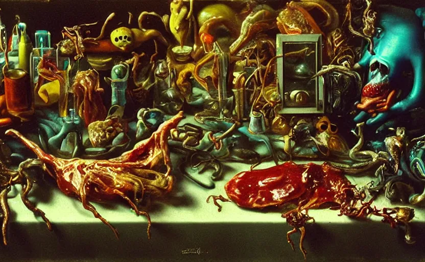 Image similar to strange cronenberg body, disturbing colorful oil painting dutch golden age vanitas still life sparse composition with bizarre objects strange gooey transparent surfaces shiny metal reflections bizarre mutant meat insects rachel ruysch dali todd schorr very detailed perfect composition rule of thirds masterpiece canon 5 0 mm, cinematic lighting, photography, retro, film, kodachrome
