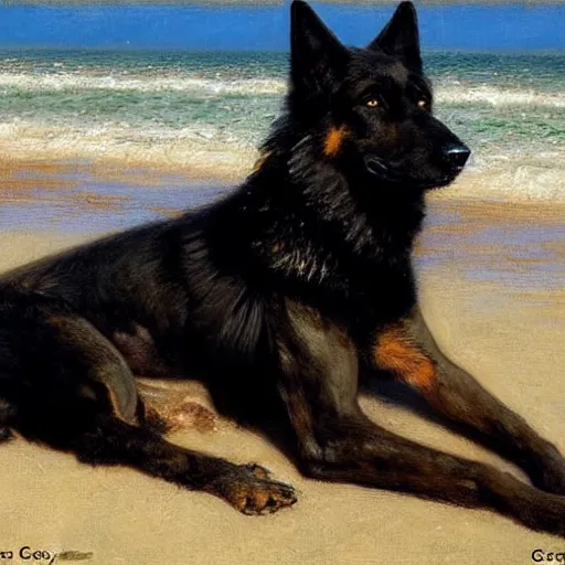 Prompt: a portrait of a black german shepard dogman canine lying at the beach in a swimsuit. highly detailed painting by gaston bussiere craig mullins jc