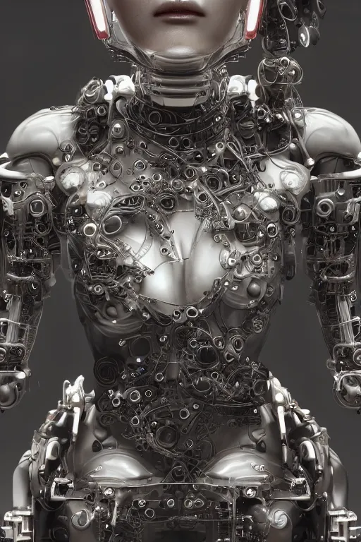 Image similar to close up headshot of a female android, intricately detailed mechanical parts, complicated circuits and wires, unreal engine, path tracing, 8k, artstation