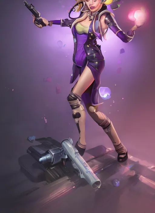 Image similar to caitlyn from league of legends, pointing gun towards the camera, wearing purple dress police hat, pearl skirt, hyper detailed, digital art, trending in artstation, cinematic lighting, studio quality, smooth render, unreal engine 5 rendered, octane rendered, art style by klimt and nixeu and ian sprigger and wlop and krenz cushart