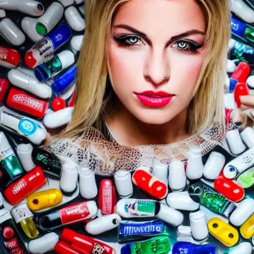 Image similar to a beautiful female model surrounded by pills and alcohol bottles