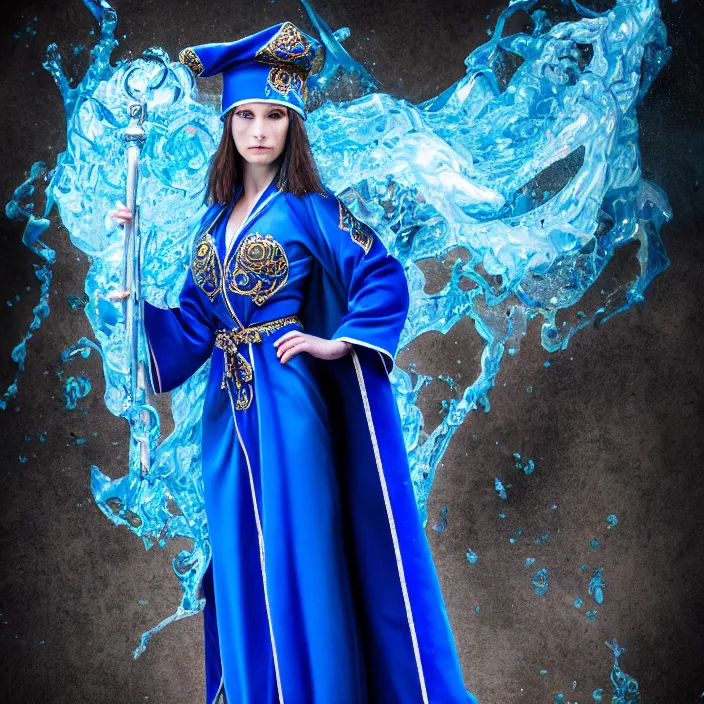 Prompt: full length photo of a very beautiful!! elemental water witch with ornate blue robes staff, highly detailed, 8 k, hdr, smooth, sharp focus, high resolution, award - winning photo