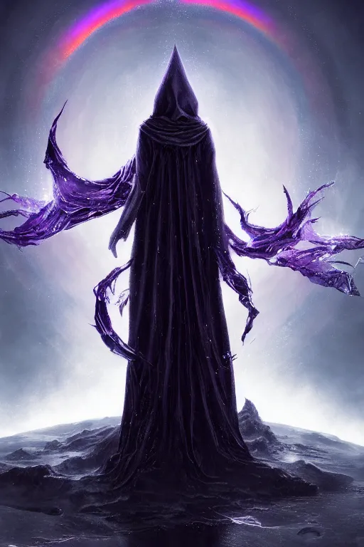 Image similar to a full body portrait of a mysterious goddess with a very long hooded cloak made of stars and clouds, by maciej kuciara and jason chan, ominous, cosmic horror, trending on artstation, ultra detailed, hyper realistic 4 k, volumetric light, iridescent, rainbow colors