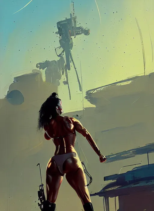 Image similar to cindy landolt as sci - fi bounty hunter, golden hour, by ismail inceoglu