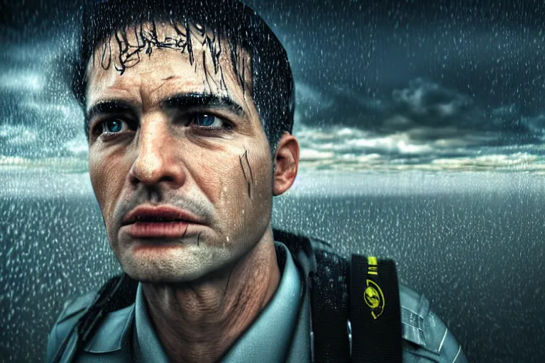 Image similar to an ultra realistic, cinematic, headshot portrait, of an airline pilot, wind, facial features, background of a vast serene airspace, with clouds and rain, detailed, deep focus, movie still, dramatic lighting, ray tracing, by michal karcz and yoshitaka amano