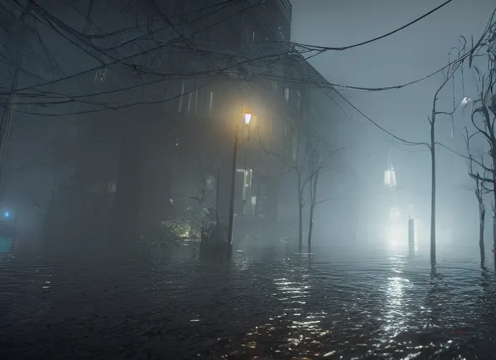 Image similar to dark, misty, foggy, flooded new york city street swamp in Destiny 2, liminal creepy, dark, dystopian, abandoned highly detailed 4k in-game destiny 2 screenshot gameplay showcase