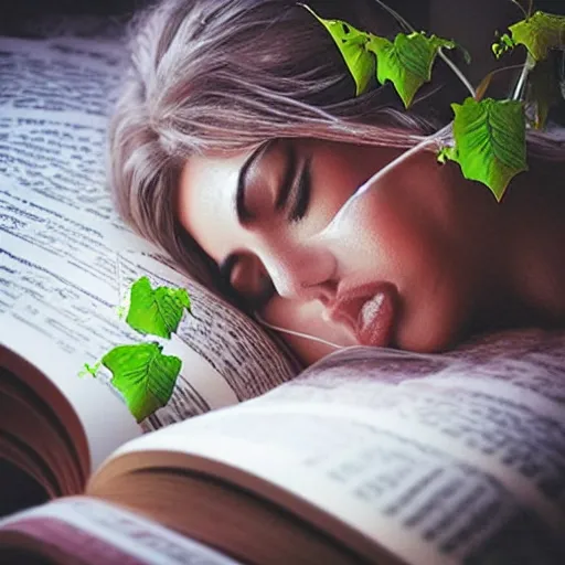 Image similar to “ very photorealistic photo of vines growing out of a woman ’ s book as she sleeps, award - winning details ”