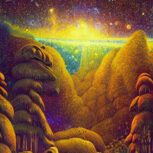 Image similar to psychedelic amber eyes lush pine forest, outer space, milky way, designed by arnold bocklin, jules bastien - lepage, tarsila do amaral, wayne barlowe and gustave baumann, cheval michael, trending on artstation, star, sharp focus, colorful refracted sparkles and lines, soft light, 8 k 4 k