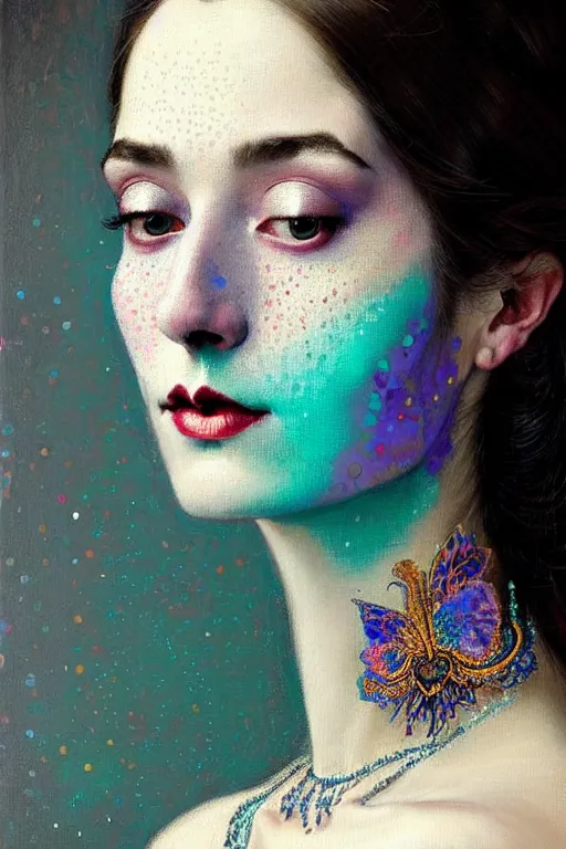 Prompt: allover painting face portrait of elegantly beautiful, sophisticated victoria exhalted queen of advanced mathematics, iridescent corvus, intricate automatism, baroque, batik, ben - day dots by, norman rockwell, range murata jeremy lipking, trending on pinterest, stunning 8 k, sharp depth of field, pristine global illumination, circuit bent synthesis.