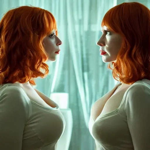 Image similar to a very surprised beautiful Christina Hendricks and her twin sister in the living room, film still from the movie directed by Denis Villeneuve with art direction by Salvador Dalí, wide lens