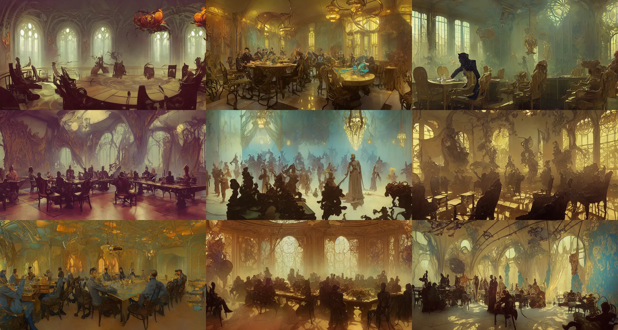 Prompt: meeting room, art nouveau, fantasy, art by joseph leyendecker, peter mohrbacher, ivan aivazovsky, ruan jia, reza afshar, marc simonetti, alphonse mucha