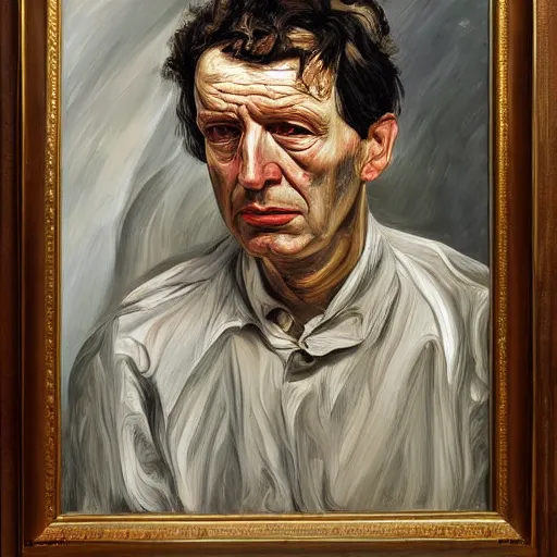 Image similar to Oil painting Portrait of a sad Man, by Lucian Freud, Abstract brush strokes, Masterpiece